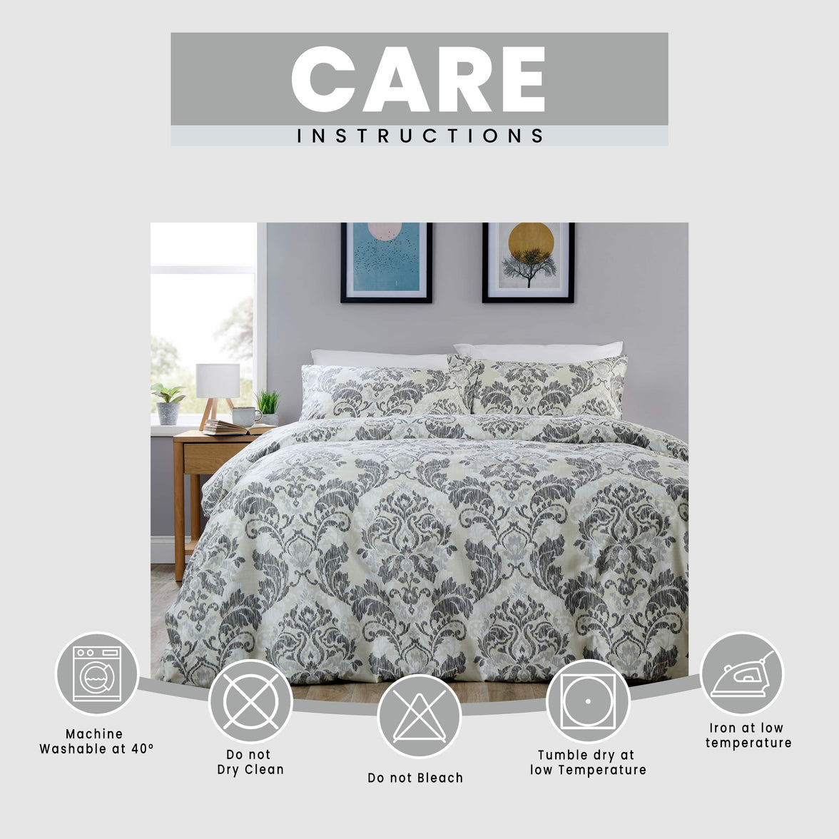 OLIVIA ROCCO Regal Damask Grey Green Printed Reversible Duvet Cover Set Quilted Microfibre Blend with Button Closure Single Double King Size Duvet Cover