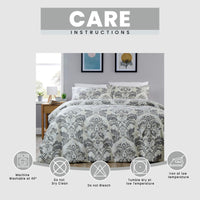 OLIVIA ROCCO Regal Damask Grey Green Printed Reversible Duvet Cover Set Quilted Microfibre Blend with Button Closure Single Double King Size Duvet Cover