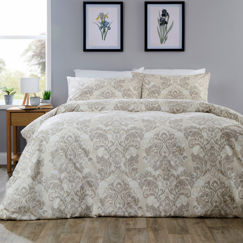 OLIVIA ROCCO Regal Damask Natural Brown Printed Reversible Duvet Cover Set Quilted Microfibre Blend with Button Closure Single Double King Size SINGLE Duvet Cover