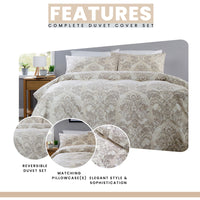 OLIVIA ROCCO Regal Damask Natural Brown Printed Reversible Duvet Cover Set Quilted Microfibre Blend with Button Closure Single Double King Size Duvet Cover