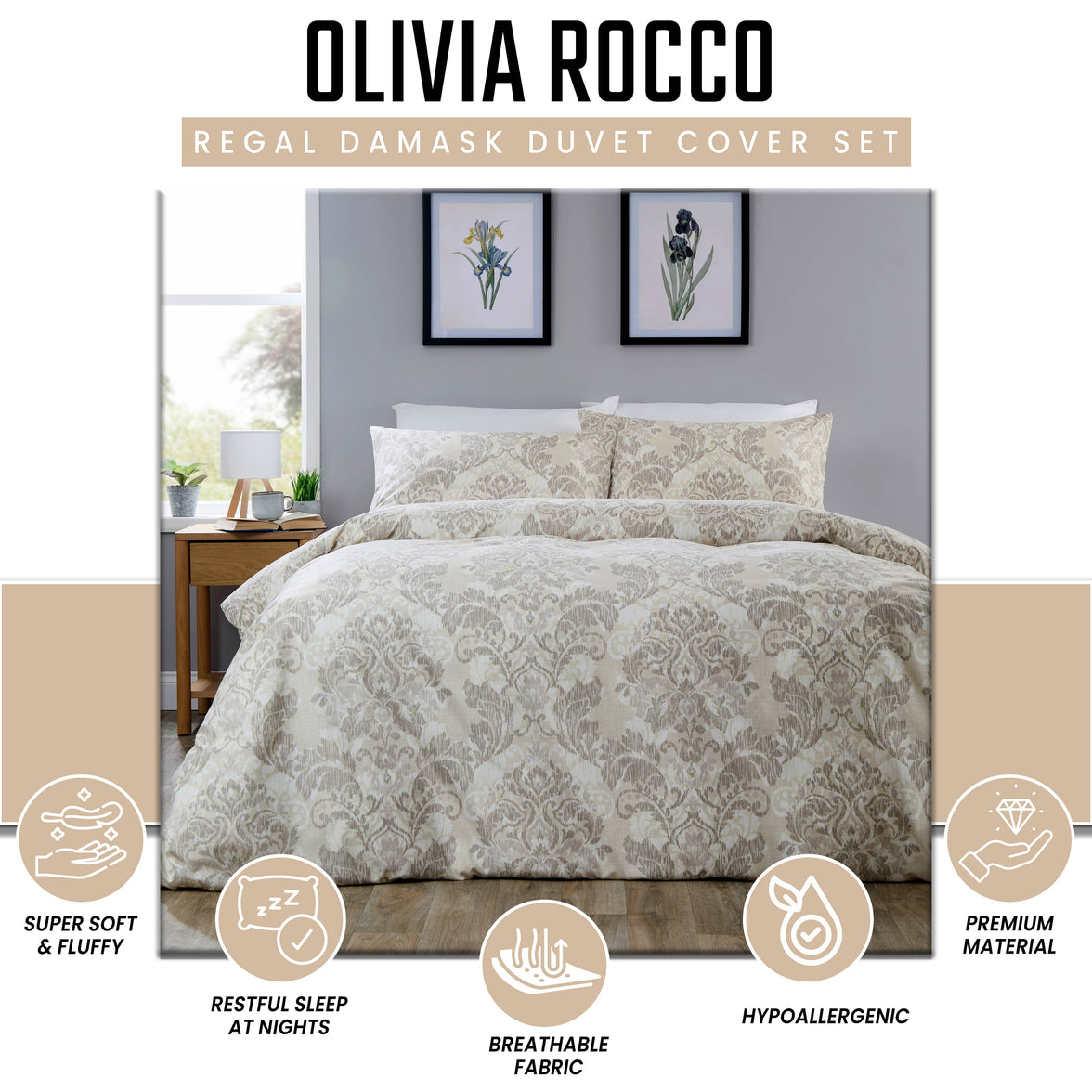 OLIVIA ROCCO Regal Damask Natural Brown Printed Reversible Duvet Cover Set Quilted Microfibre Blend with Button Closure Single Double King Size Duvet Cover