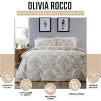 OLIVIA ROCCO Regal Damask Natural Brown Printed Reversible Duvet Cover Set Quilted Microfibre Blend with Button Closure Single Double King Size Duvet Cover