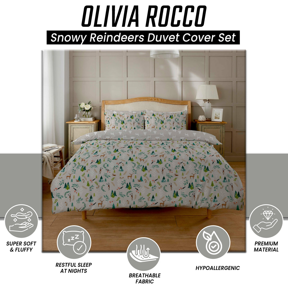 Snowy Reindeers Reversible Duvet Cover Set with Pillowcases Soft Polycotton Quilt Bedding for Year-Round Comfort by OLIVIA ROCCO Duvet Cover