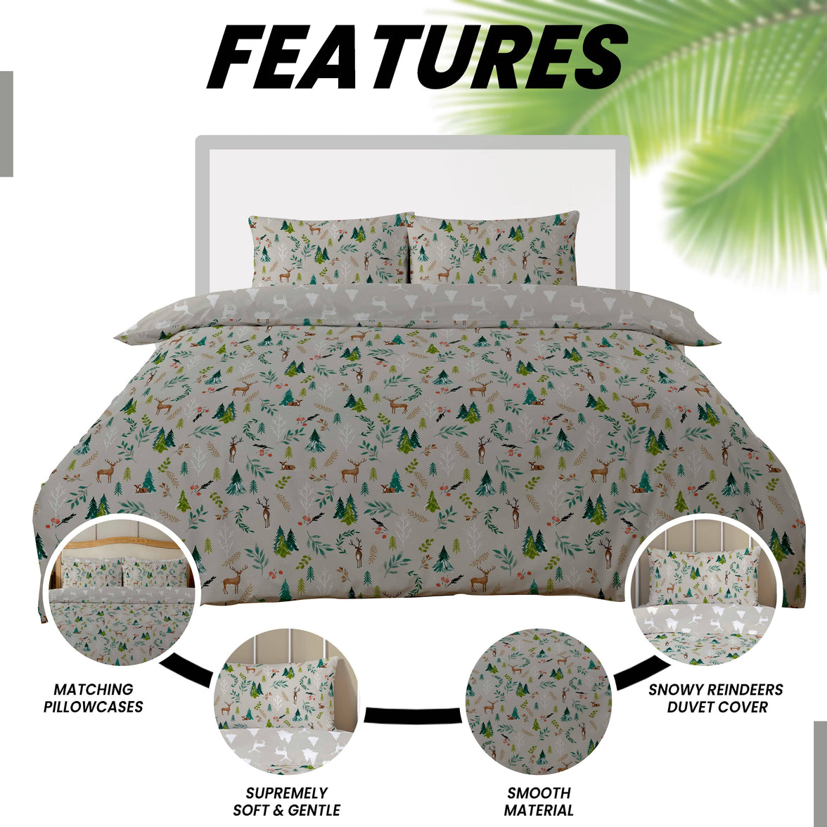 Snowy Reindeers Reversible Duvet Cover Set with Pillowcases Soft Polycotton Quilt Bedding for Year-Round Comfort by OLIVIA ROCCO Duvet Cover