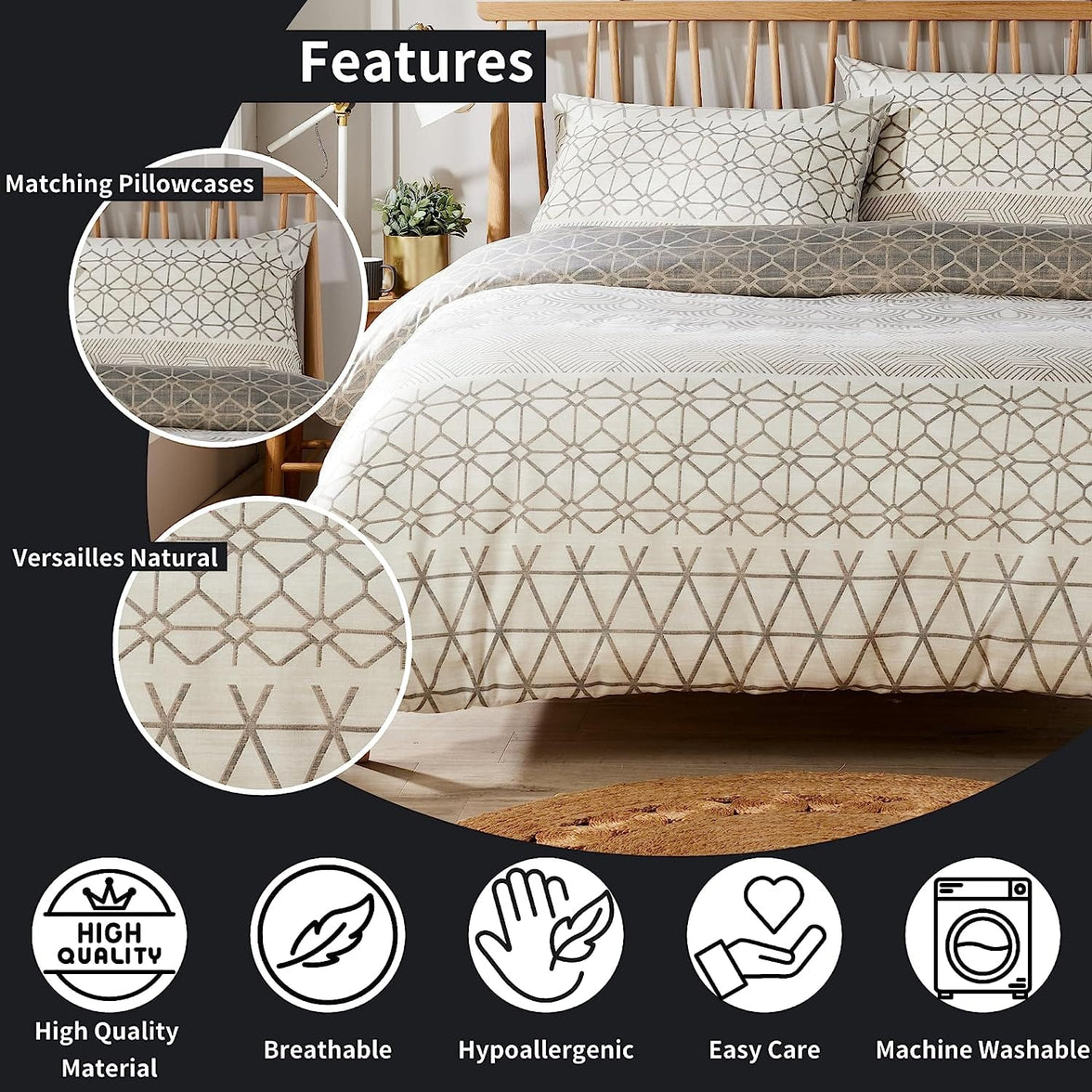 Versailles Natural Floral Reversible Quilted Duvet Cover Set with Button Closure in Single Double King Sizes by OLIVIA ROCCO Duvet Cover