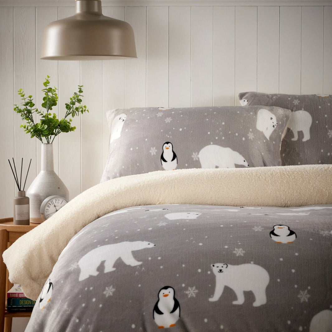 Polar Bear and Penguin Teddy Fleece Duvet Set with Reversible Sherpa Fur Winter Bedding Available in Single Double King Sizes by OLIVIA ROCCO Duvet Cover