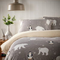 Polar Bear and Penguin Teddy Fleece Duvet Set with Reversible Sherpa Fur Winter Bedding Available in Single Double King Sizes by OLIVIA ROCCO Duvet Cover