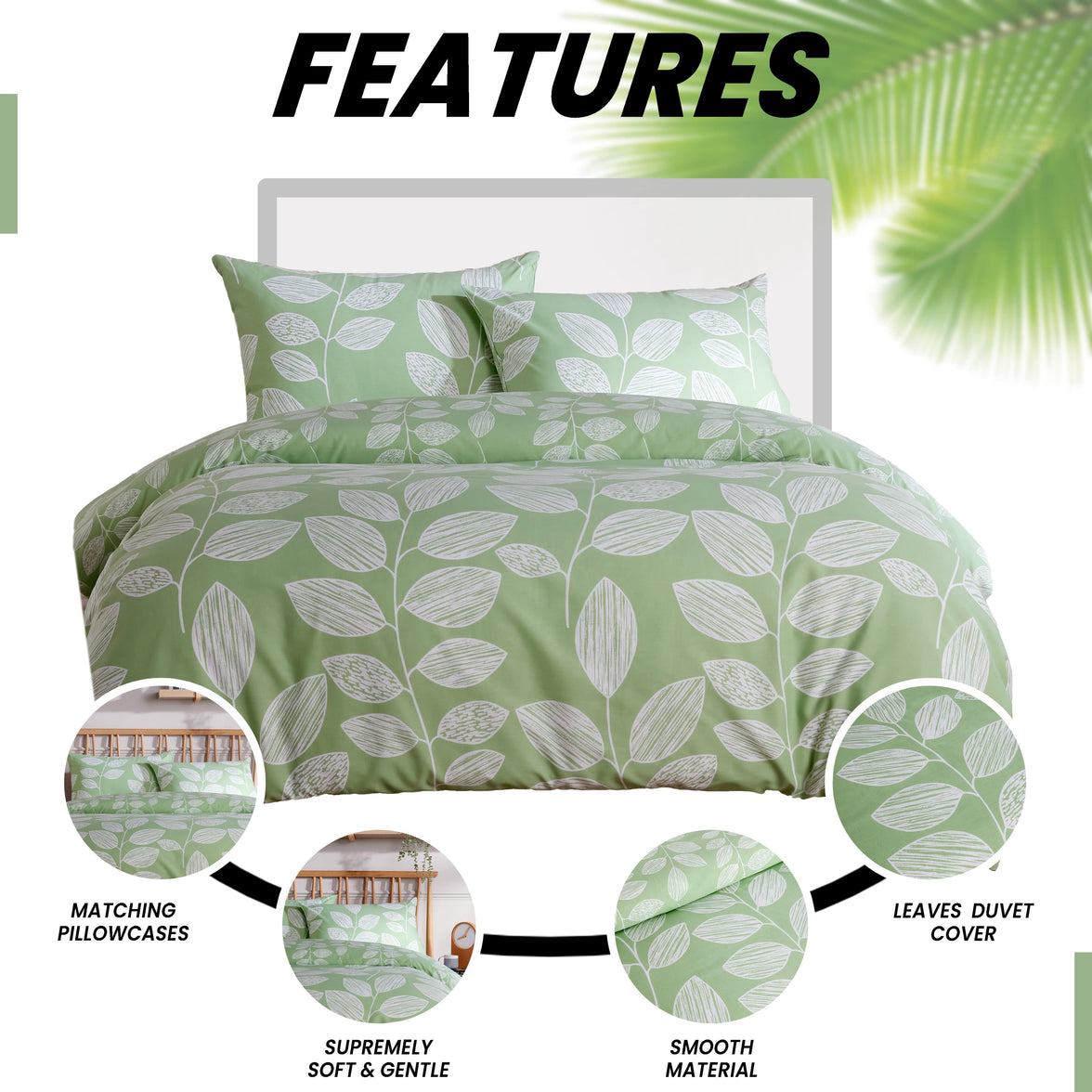 Leaf Print Reversible Cotton Rich Duvet Cover Set with Pillowcases Nature Inspired Bedding in Black and Gray All Sizes OEKO-TEX Certified by OLIVIA ROCCO Duvet Cover