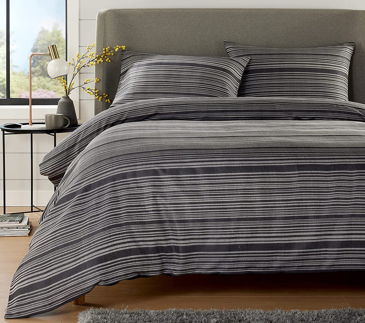 Stripe Jacquard Reversible Cotton Blend Duvet Cover Set with Pillowcases Luxurious Eco-Friendly Bedding for Master and Guest Bedrooms Multiple Sizes and Colours by OLIVIA ROCCO GREY / SINGLE Duvet Cover