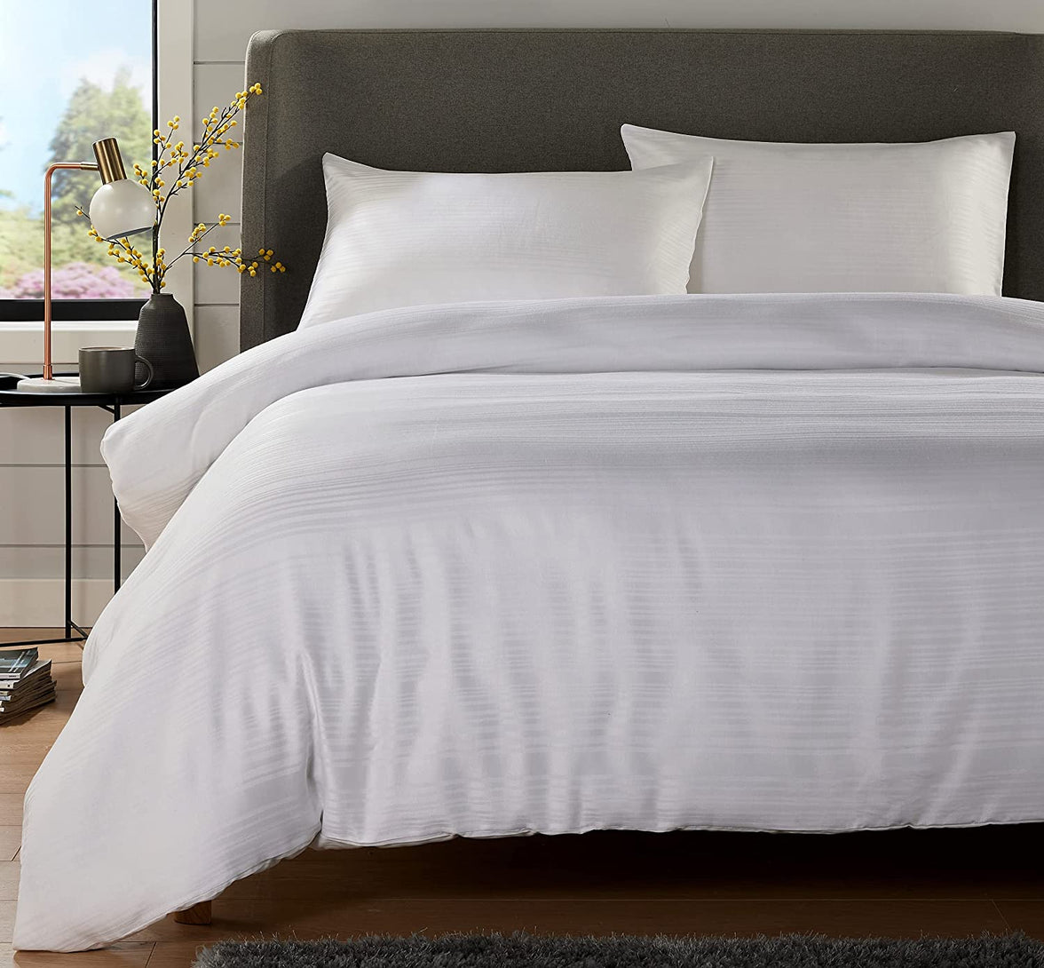 Stripe Jacquard Reversible Cotton Blend Duvet Cover Set with Pillowcases Luxurious Eco-Friendly Bedding for Master and Guest Bedrooms Multiple Sizes and Colours by OLIVIA ROCCO WHITE / SINGLE Duvet Cover