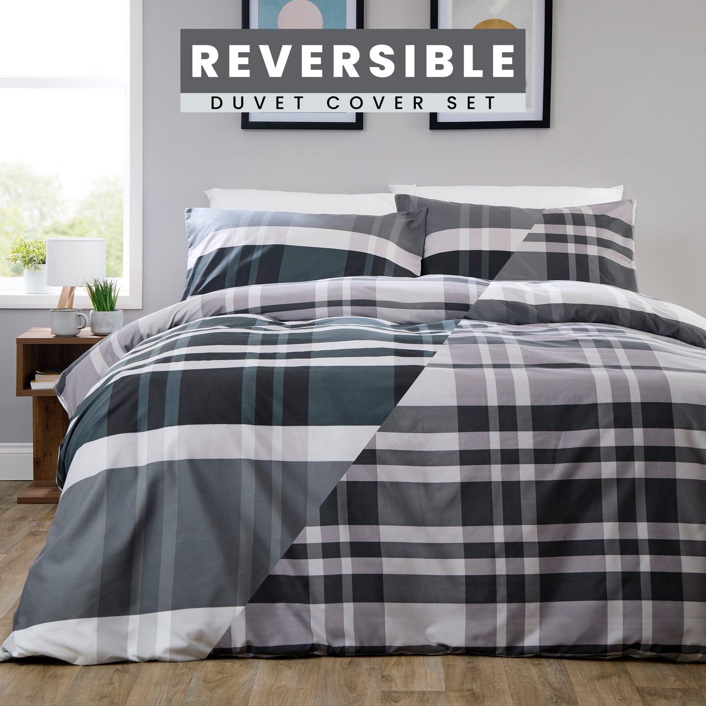 OLIVIA ROCCO Dylan Check Black Grey Printed Reversible Duvet Cover Set Quilted Polyester Blend with Button Closure Single Double King Size Duvet Cover