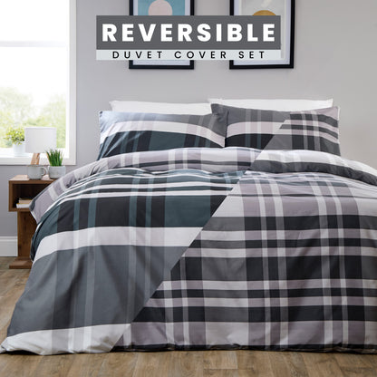 OLIVIA ROCCO Dylan Check Black Grey Printed Reversible Duvet Cover Set Quilted Polyester Blend with Button Closure Single Double King Size Duvet Cover