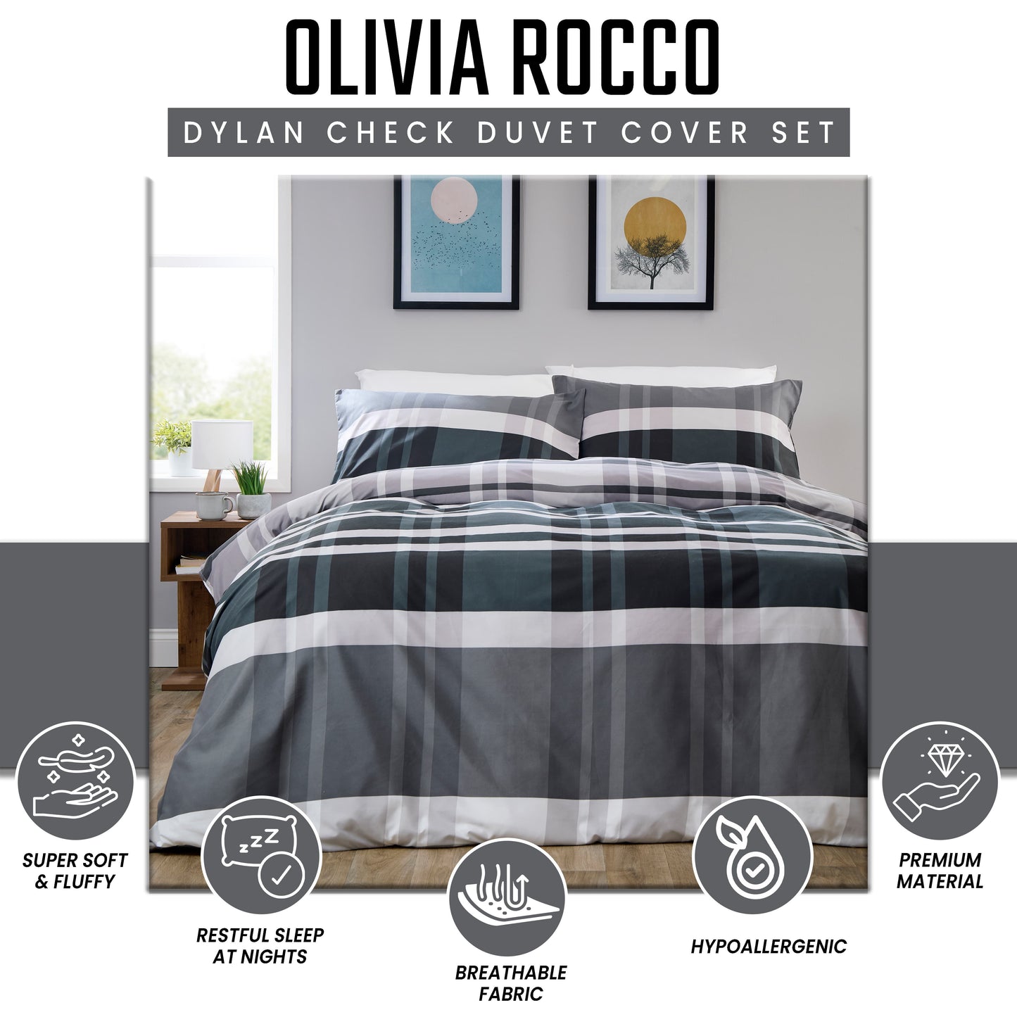 OLIVIA ROCCO Dylan Check Black Grey Printed Reversible Duvet Cover Set Quilted Polyester Blend with Button Closure Single Double King Size Duvet Cover
