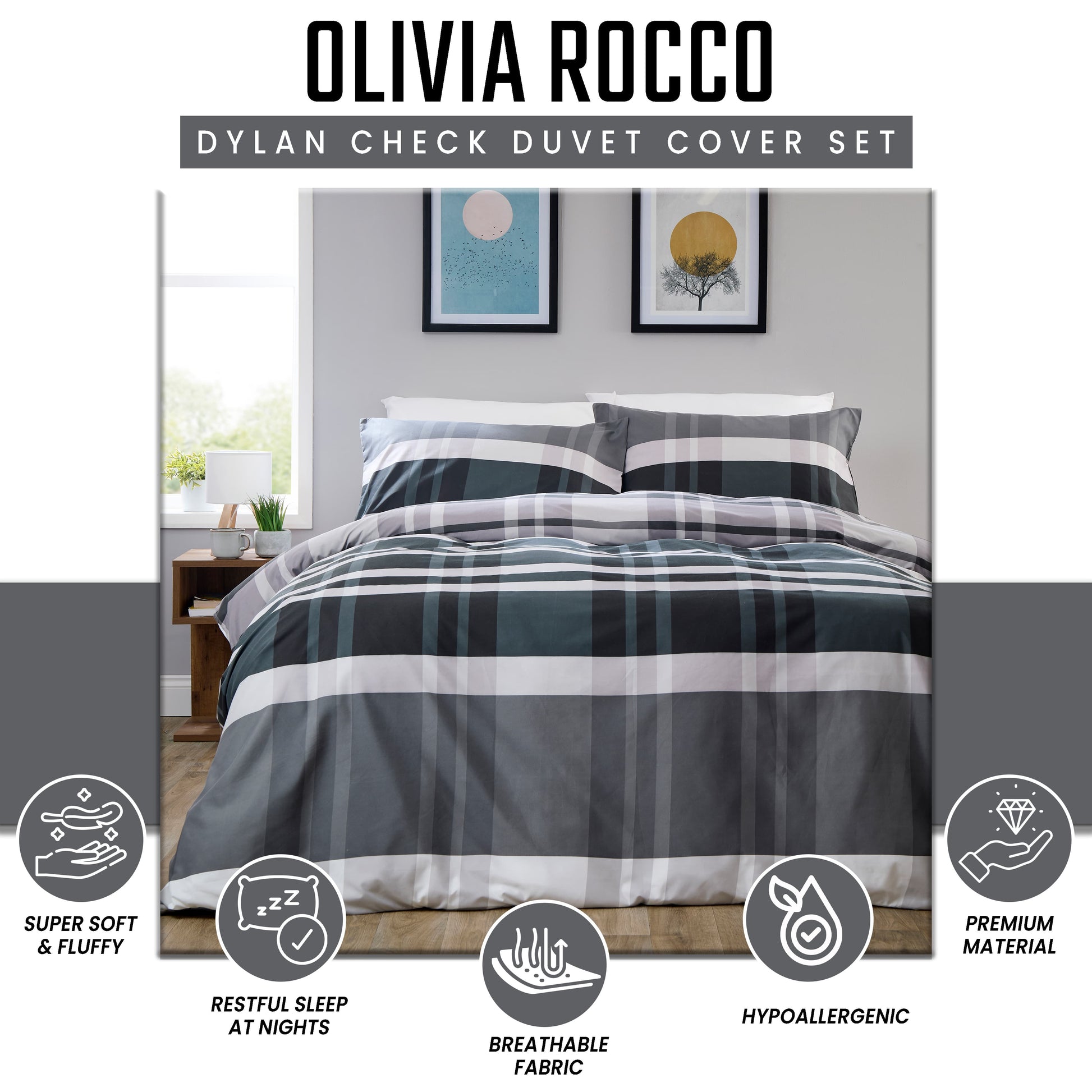 OLIVIA ROCCO Dylan Check Black Grey Printed Reversible Duvet Cover Set Quilted Polyester Blend with Button Closure Single Double King Size Duvet Cover