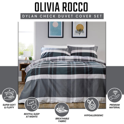 OLIVIA ROCCO Dylan Check Black Grey Printed Reversible Duvet Cover Set Quilted Polyester Blend with Button Closure Single Double King Size Duvet Cover