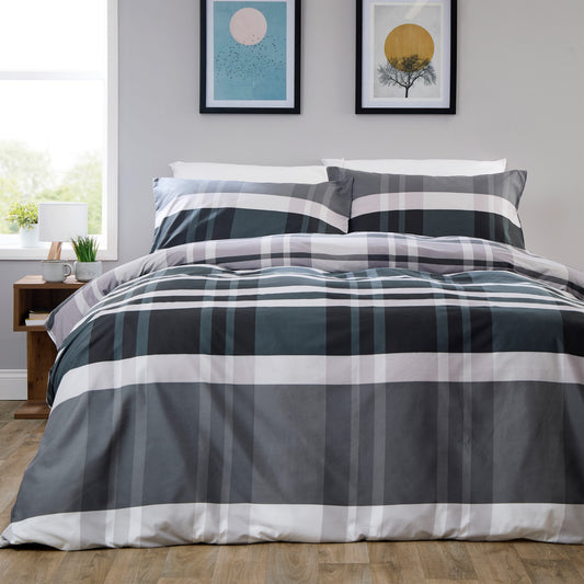 OLIVIA ROCCO Dylan Check Black Grey Printed Reversible Duvet Cover Set Quilted Polyester Blend with Button Closure Single Double King Size SINGLE Duvet Cover