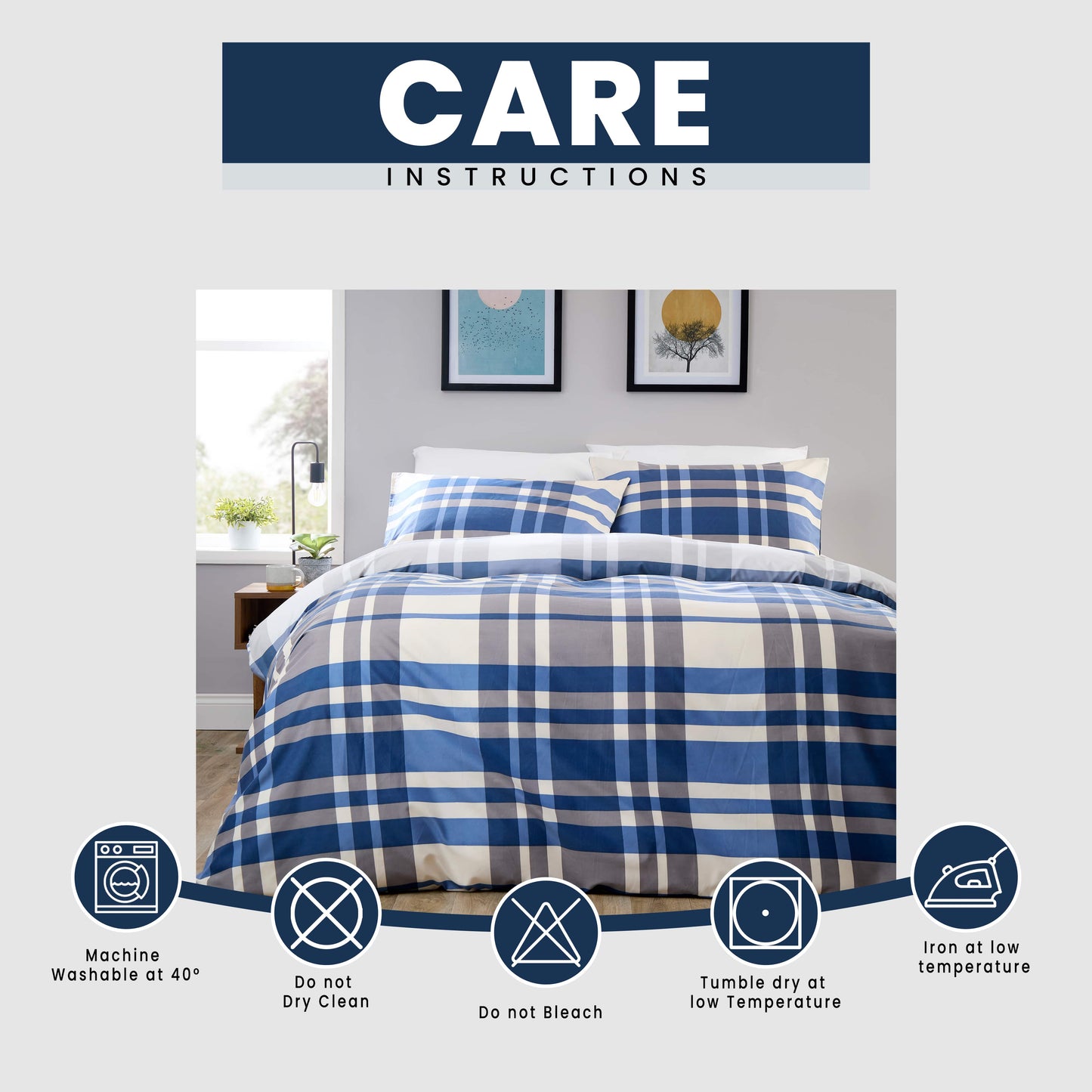 OLIVIA ROCCO Dylan Check Blue Red Printed Reversible Duvet Cover Set Quilted Polyester Blend with Button Closure Single Double King Size Duvet Cover