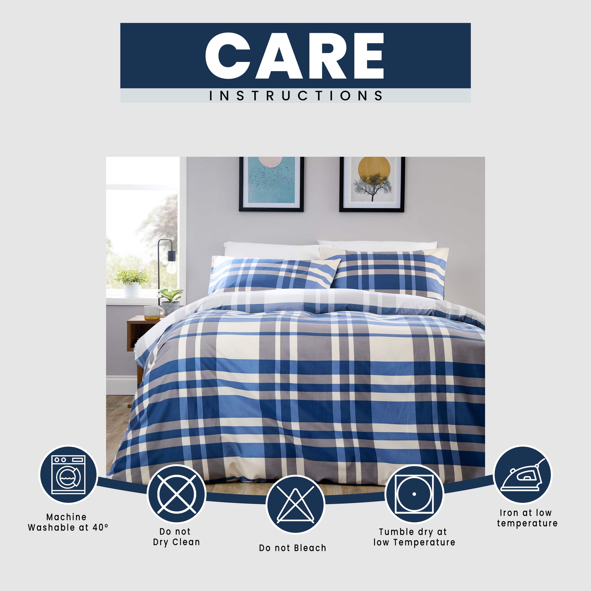 OLIVIA ROCCO Dylan Check Blue Red Printed Reversible Duvet Cover Set Quilted Polyester Blend with Button Closure Single Double King Size Duvet Cover