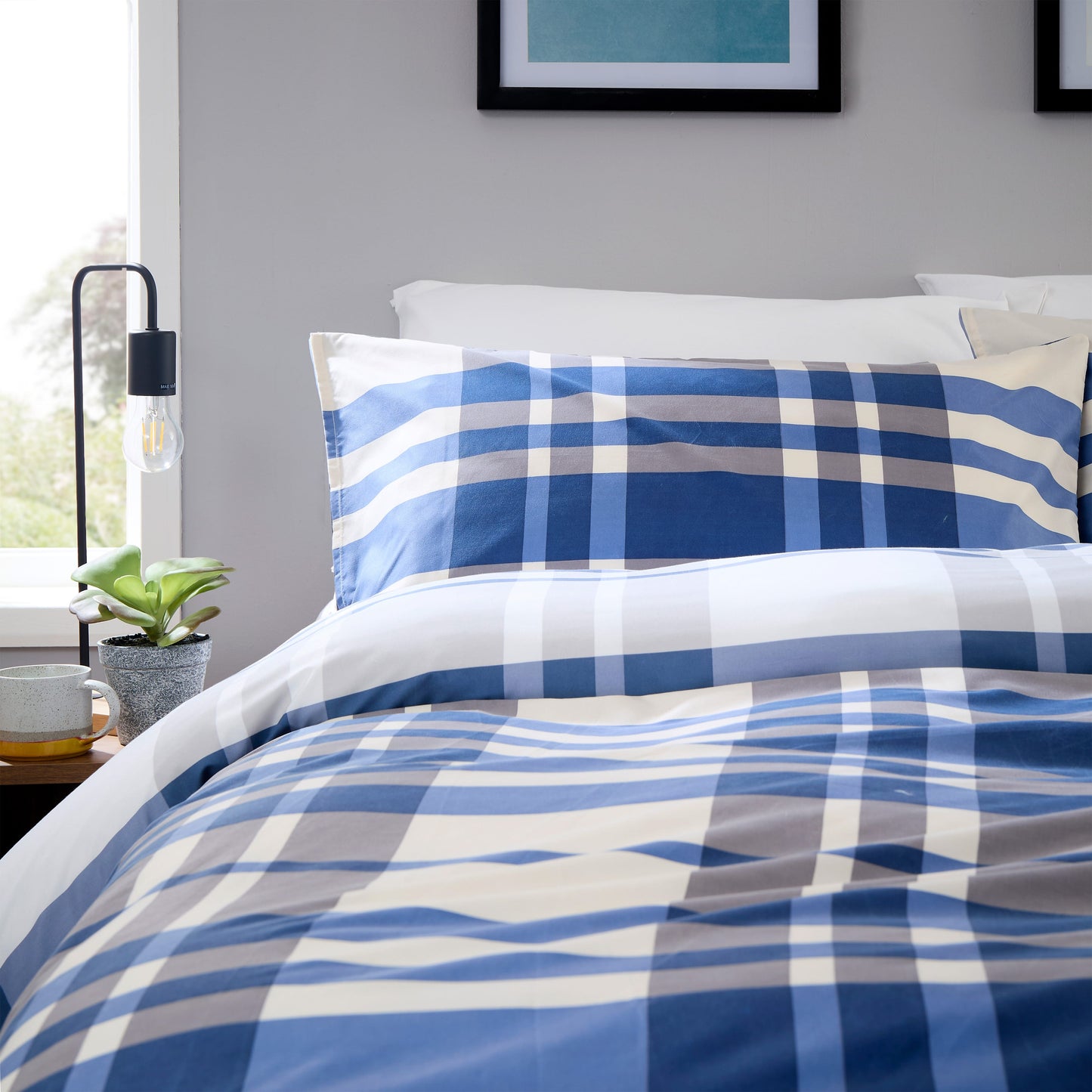 OLIVIA ROCCO Dylan Check Blue Red Printed Reversible Duvet Cover Set Quilted Polyester Blend with Button Closure Single Double King Size Duvet Cover