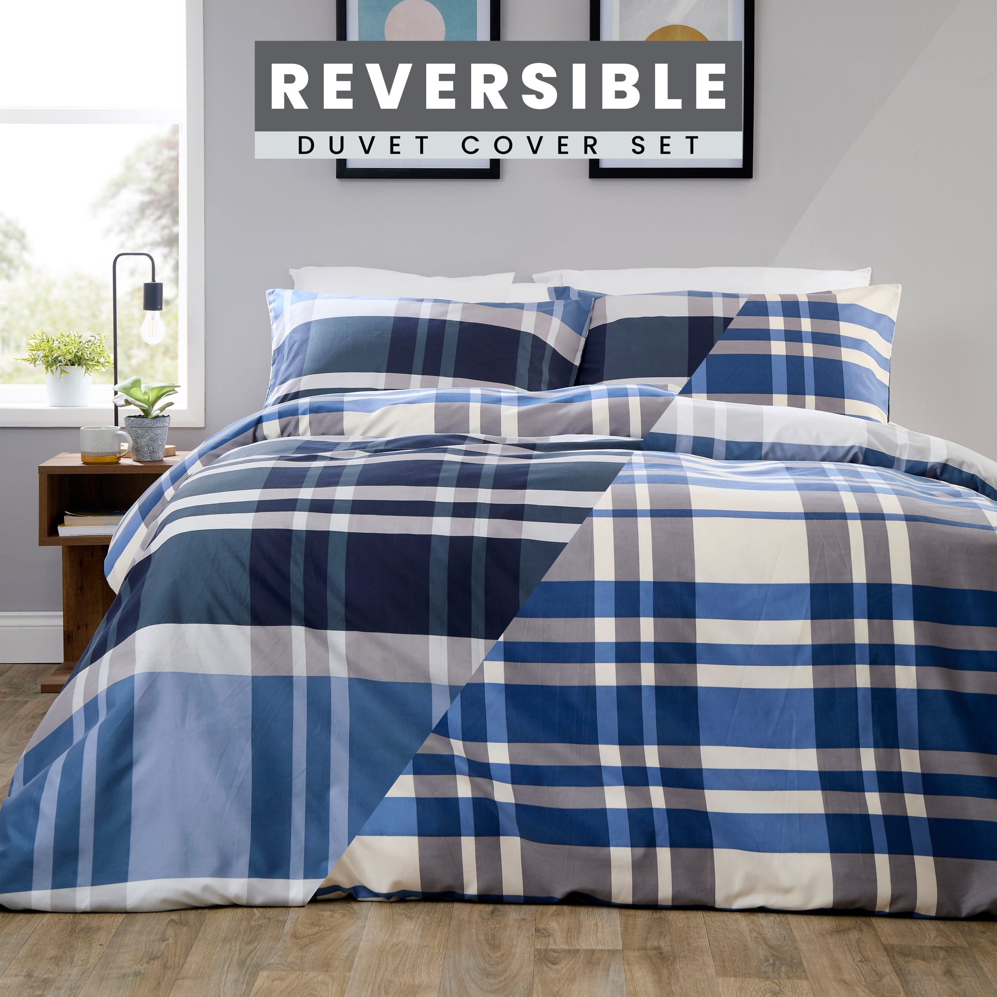 OLIVIA ROCCO Dylan Check Blue Red Printed Reversible Duvet Cover Set Quilted Polyester Blend with Button Closure Single Double King Size Duvet Cover