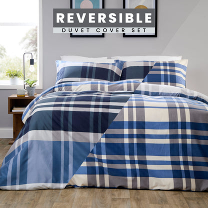 OLIVIA ROCCO Dylan Check Blue Red Printed Reversible Duvet Cover Set Quilted Polyester Blend with Button Closure Single Double King Size Duvet Cover
