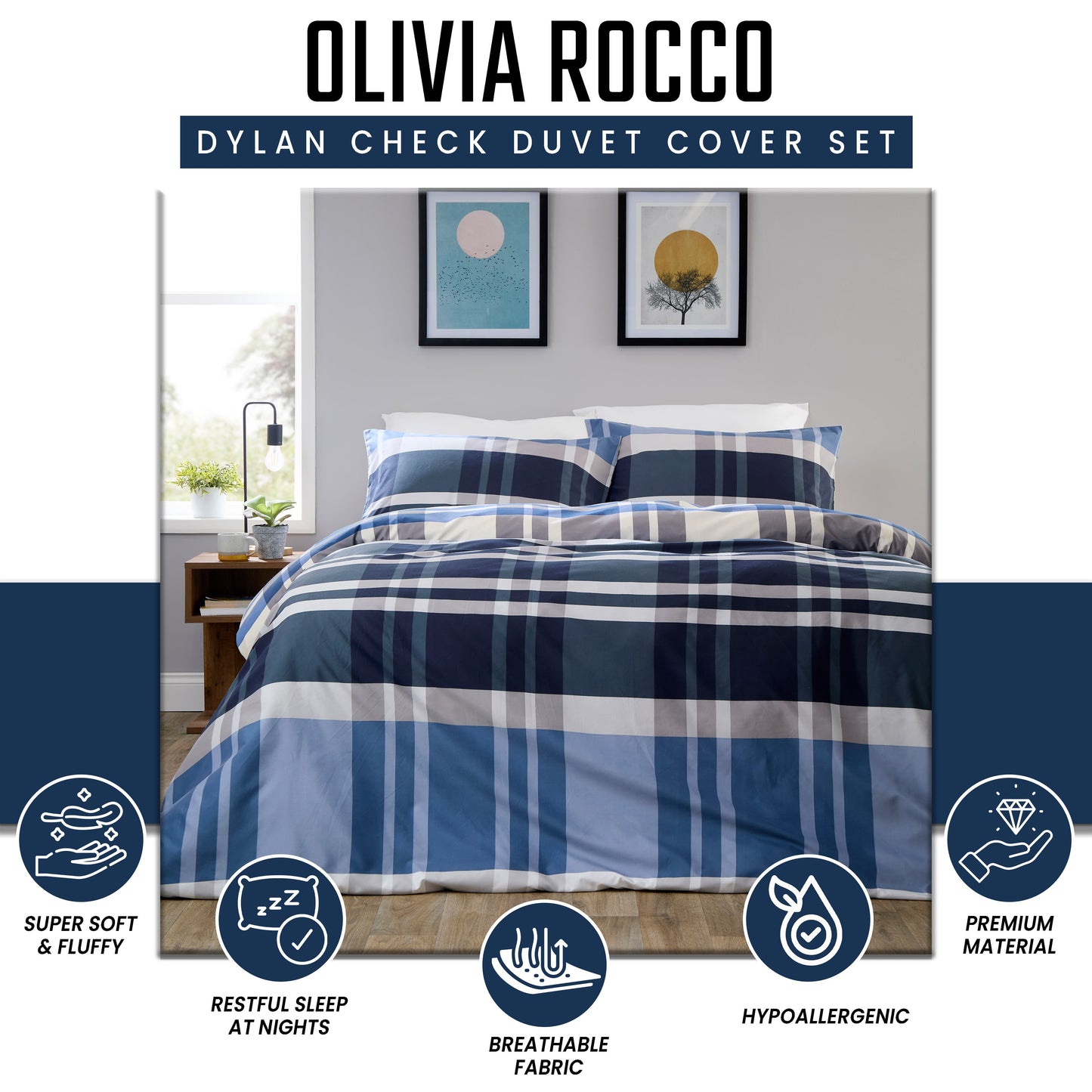 OLIVIA ROCCO Dylan Check Blue Red Printed Reversible Duvet Cover Set Quilted Polyester Blend with Button Closure Single Double King Size Duvet Cover