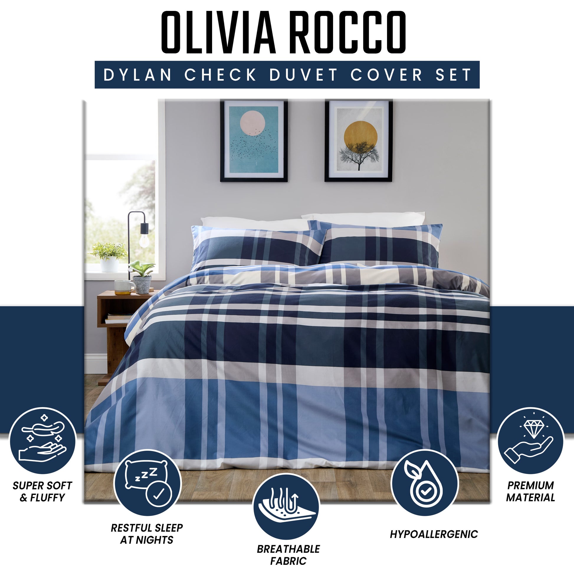 OLIVIA ROCCO Dylan Check Blue Red Printed Reversible Duvet Cover Set Quilted Polyester Blend with Button Closure Single Double King Size Duvet Cover