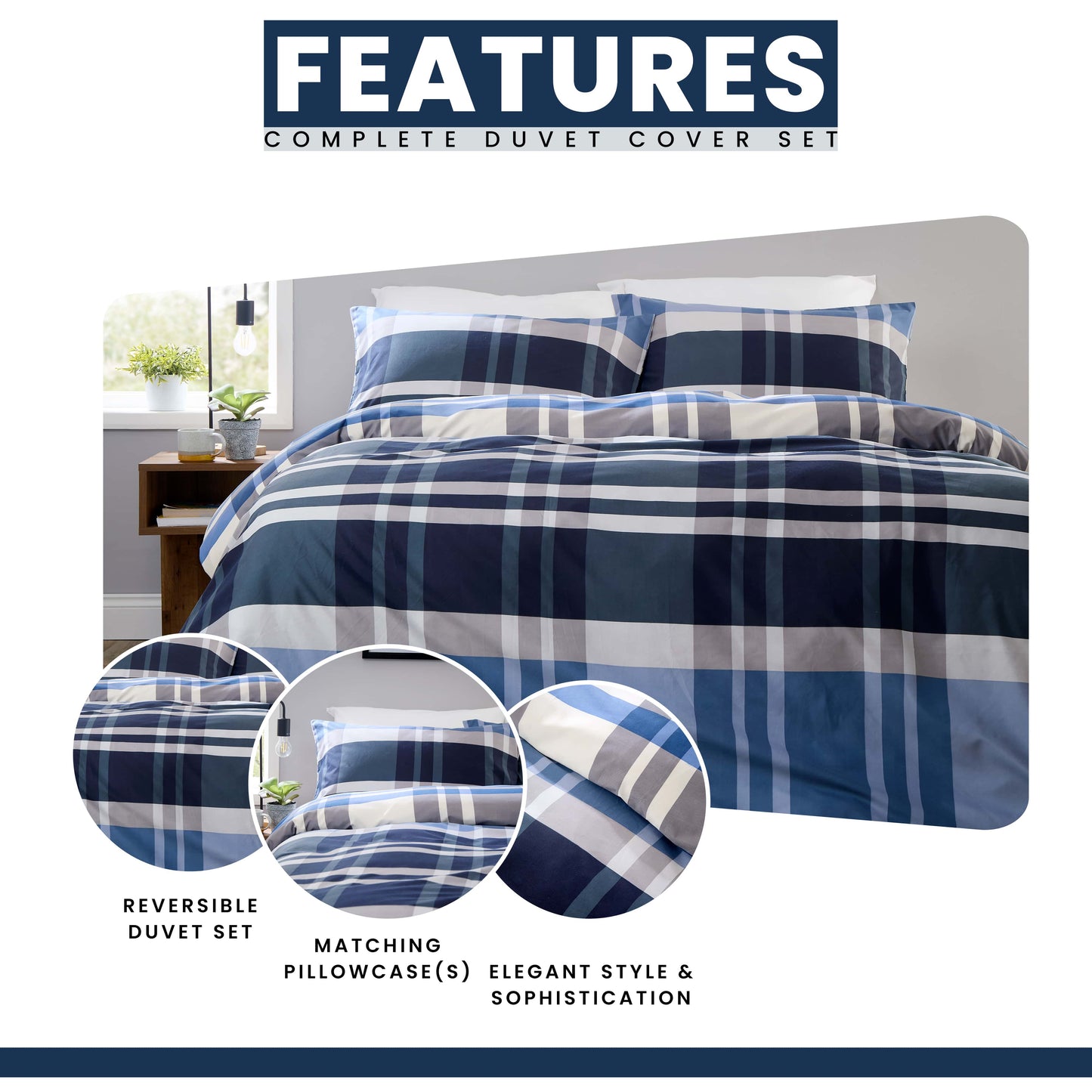 OLIVIA ROCCO Dylan Check Blue Red Printed Reversible Duvet Cover Set Quilted Polyester Blend with Button Closure Single Double King Size Duvet Cover