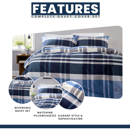 OLIVIA ROCCO Dylan Check Blue Red Printed Reversible Duvet Cover Set Quilted Polyester Blend with Button Closure Single Double King Size Duvet Cover