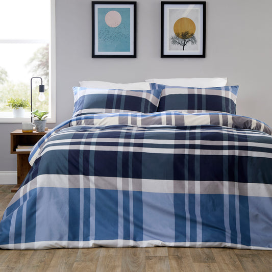 OLIVIA ROCCO Dylan Check Blue Red Printed Reversible Duvet Cover Set Quilted Polyester Blend with Button Closure Single Double King Size SINGLE Duvet Cover