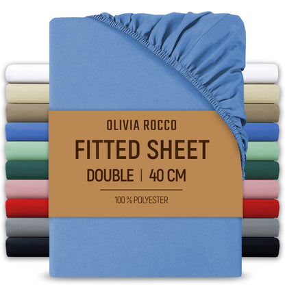 OLIVIA ROCCO Extra Deep Pocket Fitted Sheet 40cm Pocket Depth Soft Brushed Microfibre Easy Care Machine Washable Shrink Fade Resistant BLUE / DOUBLE Fitted Sheet