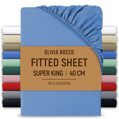 OLIVIA ROCCO Extra Deep Pocket Fitted Sheet 40cm Pocket Depth Soft Brushed Microfibre Easy Care Machine Washable Shrink Fade Resistant BLUE / SUPER KING Fitted Sheet