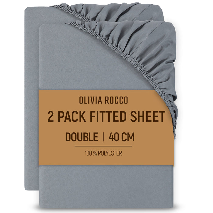 2 Pack Extra Deep Fitted Sheets 16 Inch 40cm Soft Brushed Microfibre Easy Care Bottom Sheet by OLIVIA ROCCO GREY / DOUBLE Fitted Sheet