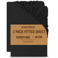2 Pack Extra Deep Fitted Sheets 16 Inch 40cm Soft Brushed Microfibre Easy Care Bottom Sheet by OLIVIA ROCCO BLACK / SUPER KING Fitted Sheet