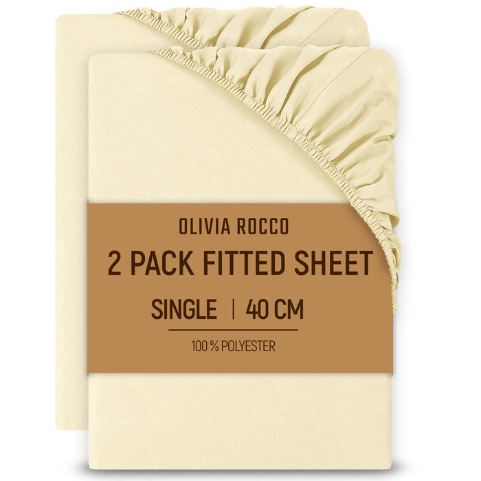 2 Pack Extra Deep Fitted Sheets 16 Inch 40cm Soft Brushed Microfibre Easy Care Bottom Sheet by OLIVIA ROCCO CREAM / SINGLE Fitted Sheet