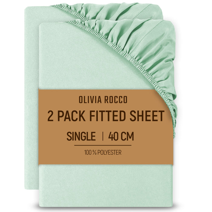 2 Pack Extra Deep Fitted Sheets 16 Inch 40cm Soft Brushed Microfibre Easy Care Bottom Sheet by OLIVIA ROCCO SAGE GREEN / SINGLE Fitted Sheet