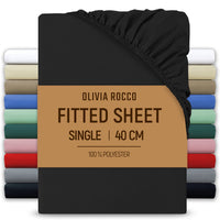 Extra Deep Pocket Fitted Sheet Soft Brushed Microfibre Fabric Shrink Fade Resistant Easy Care Bedding by Olivia Rocco Black / Single Fitted Sheet