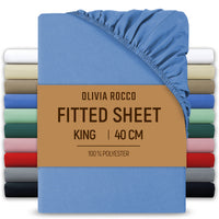 OLIVIA ROCCO Extra Deep Pocket Fitted Sheet 40cm Pocket Depth Soft Brushed Microfibre Easy Care Machine Washable Shrink Fade Resistant BLUE / KING Fitted Sheet