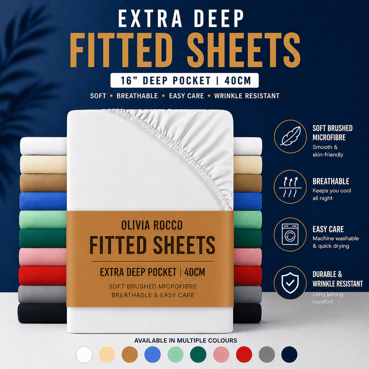 OLIVIA ROCCO Extra Deep Pocket Fitted Sheet 40cm Pocket Depth Soft Brushed Microfibre Easy Care Machine Washable Shrink Fade Resistant Fitted Sheet