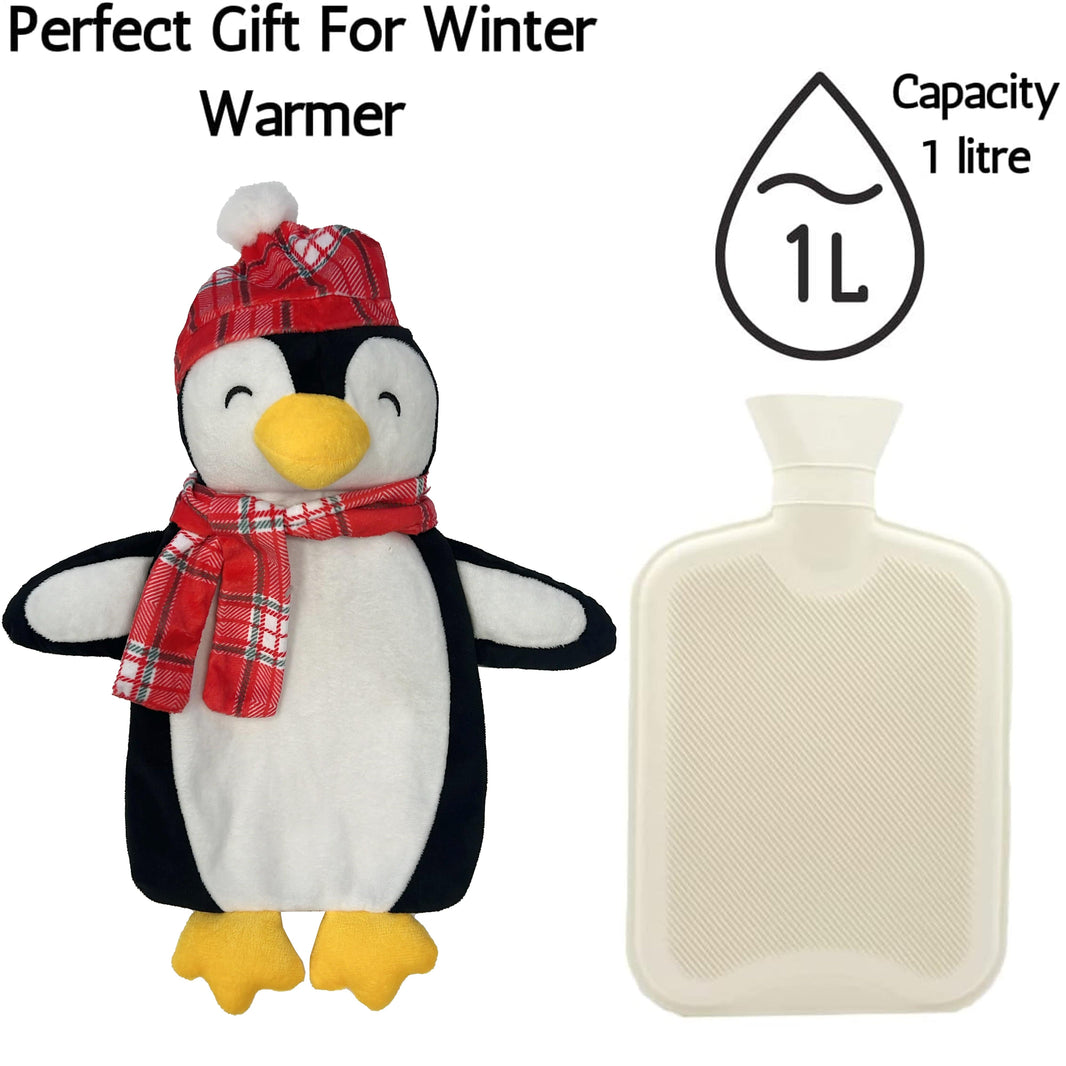 Christmas Hot Water Bottle with Festive Penguin Cover 1L Natural Rubber UK Safe Tested Winter Ideal Gift for Adults Kids by OLIVIA ROCCO 1 LITRE / PENGUIN Hot Water Bottle