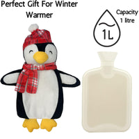 Christmas Hot Water Bottle with Festive Penguin Cover 1L Natural Rubber UK Safe Tested Winter Ideal Gift for Adults Kids by OLIVIA ROCCO 1 LITRE / PENGUIN Hot Water Bottle