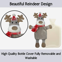 Christmas Hot Water Bottle with Festive Reindeer Cover 1L Natural Rubber UK Safe Tested Ideal Gift for Adults Kids by OLIVIA ROCCO 1 LITRE / REINDEER Hot Water Bottle
