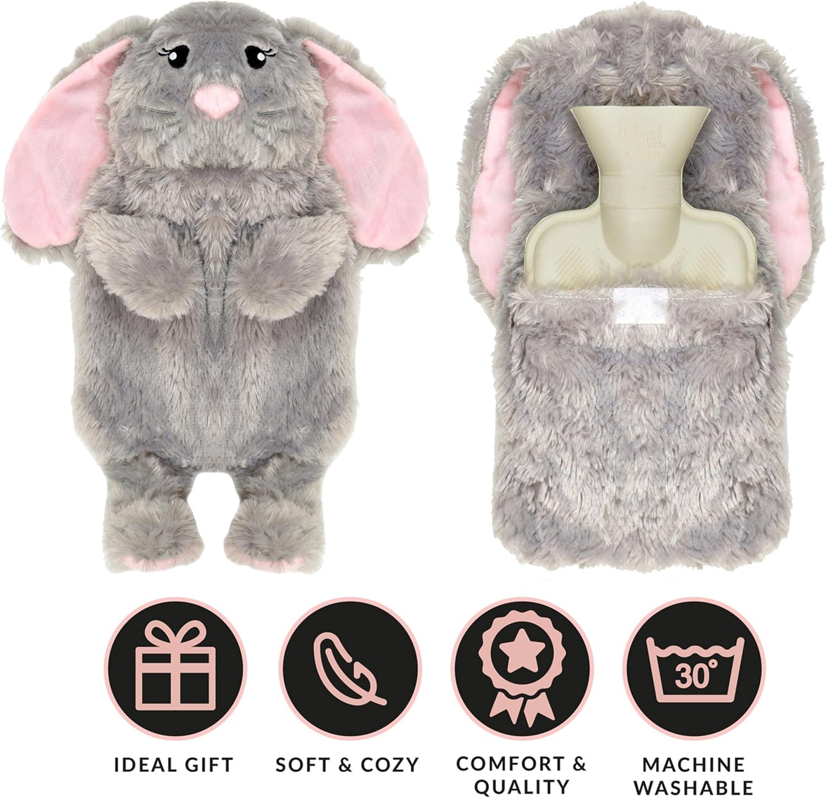 Novelty Animal Grey Bunny Hot Water Bottle with Fluffy Cover, 1L Natural Rubber Hot Water Bag for Kids and Adults Olivia Rocco Grey Bunny Hot Water Bottle