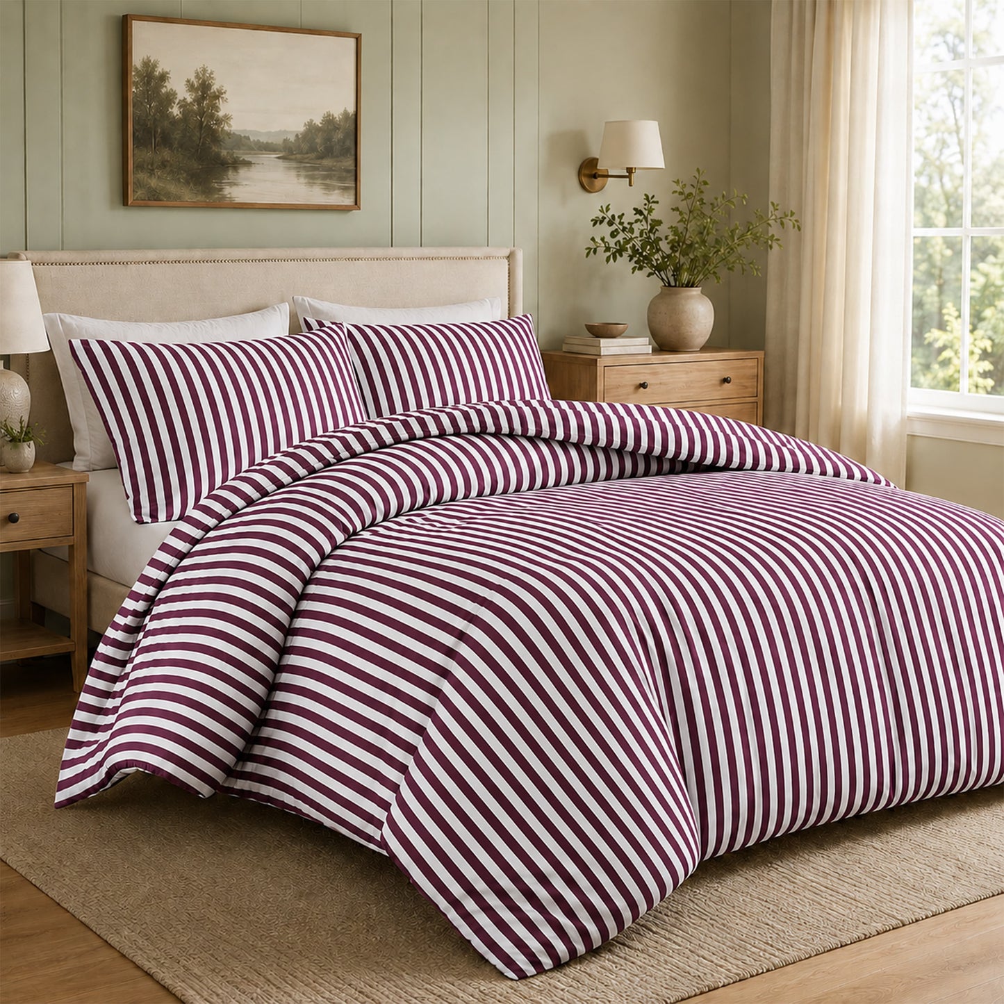 OLIVIA ROCCO Malham Stripe Duvet Cover Set Soft Microfibre Bedding with Pillowcase BURGUNDY / SINGLE Duvet Cover