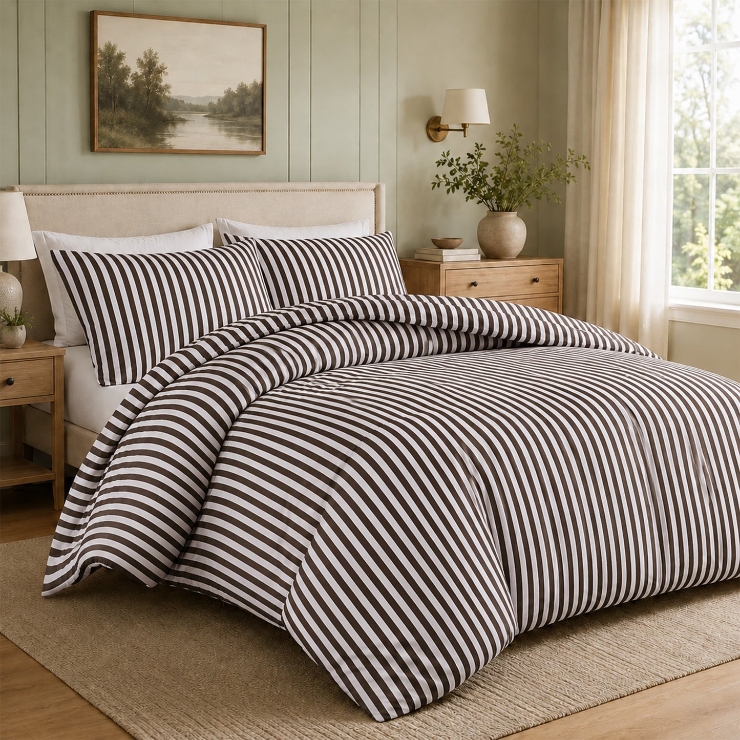 OLIVIA ROCCO Malham Stripe Duvet Cover Set Soft Microfibre Bedding with Pillowcase CHOCOLATE / SINGLE Duvet Cover