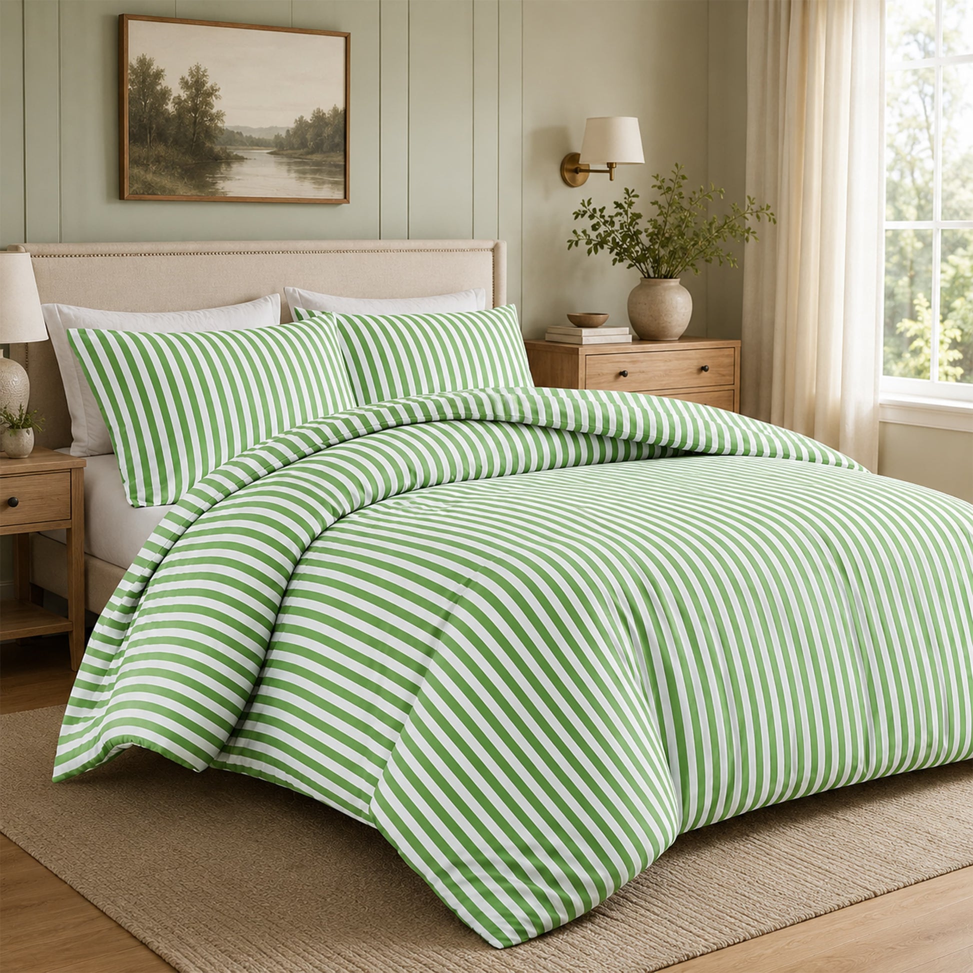 OLIVIA ROCCO Malham Stripe Duvet Cover Set Soft Microfibre Bedding with Pillowcase SAGE GREEN / SINGLE Duvet Cover
