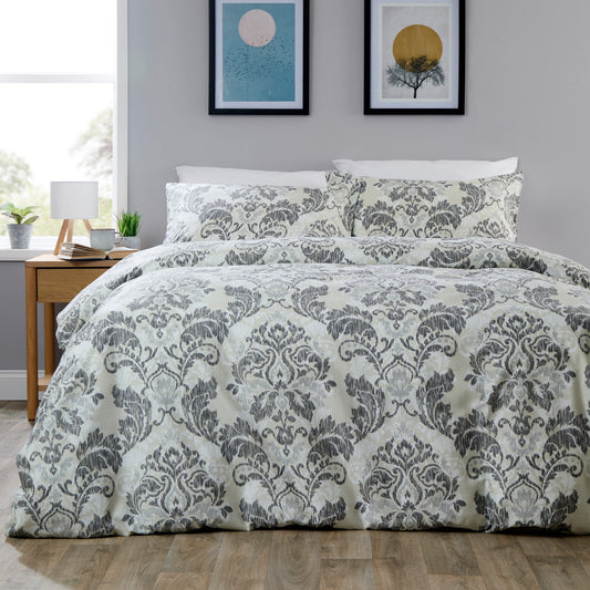 OLIVIA ROCCO Regal Damask Grey Green Printed Reversible Duvet Cover Set Quilted Microfibre Blend with Button Closure Single Double King Size SINGLE Duvet Cover