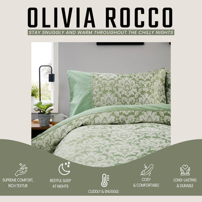 OLIVIA ROCCO Sage Green Savoy Jacquard Duvet Cover Set Quilted Bedding Covers with Pillowcases Luxurious Soft Durable Damask Pattern Quilt Bed Sets Duvet Cover
