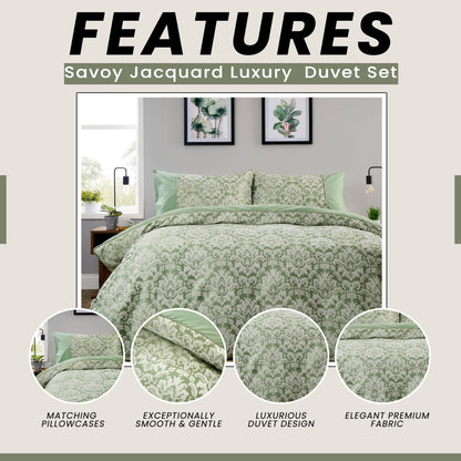 OLIVIA ROCCO Sage Green Savoy Jacquard Duvet Cover Set Quilted Bedding Covers with Pillowcases Luxurious Soft Durable Damask Pattern Quilt Bed Sets Duvet Cover