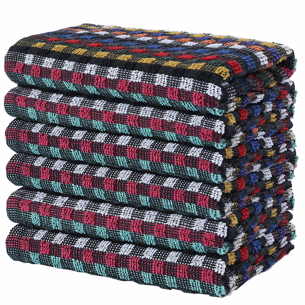 Multi Check Terry Tea Towels 100% Cotton Kitchen Towels Super Absorbent Quick Dry Set Dish Cloths by Olivia Rocco 6 Pack Tea Towel